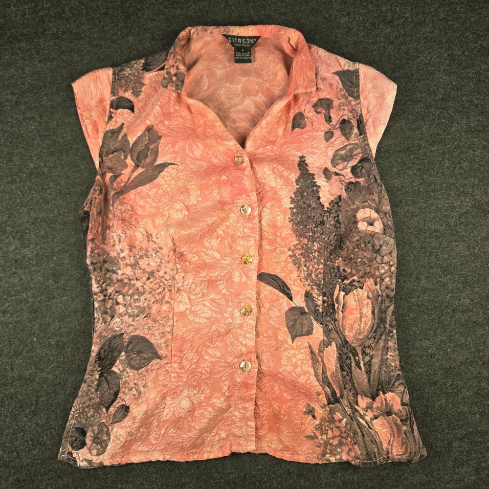 CITRON Santa Monica Women's Silk Floral Print Button Up Blouse Shirt Size L